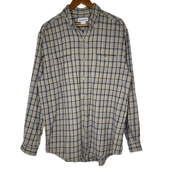 Carhartt Tan Blue Plaid Long Sleeve Button Up Shirt Size Large Men’s - Picture 1 of 8